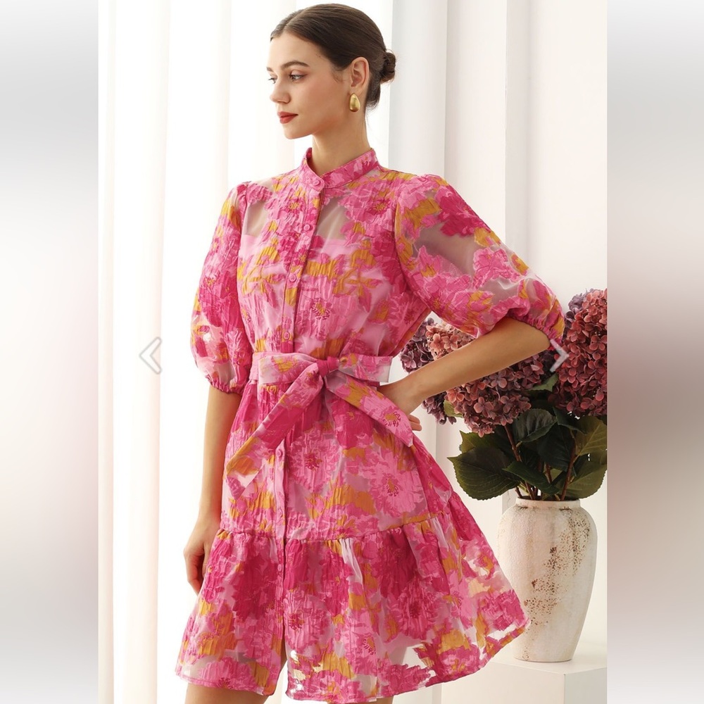 Chicwish Pink Floral Tie-Waist Midi Dress with Yellow Accents